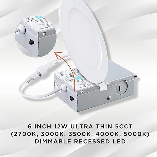 Miniatura 5 de SLEEKLIGHTING Luz de panel plano ultra fina de 6 pulgadas, 12 W, 5CCT seleccionable con caja de conexiones, lámpara LED empotrable regulable de