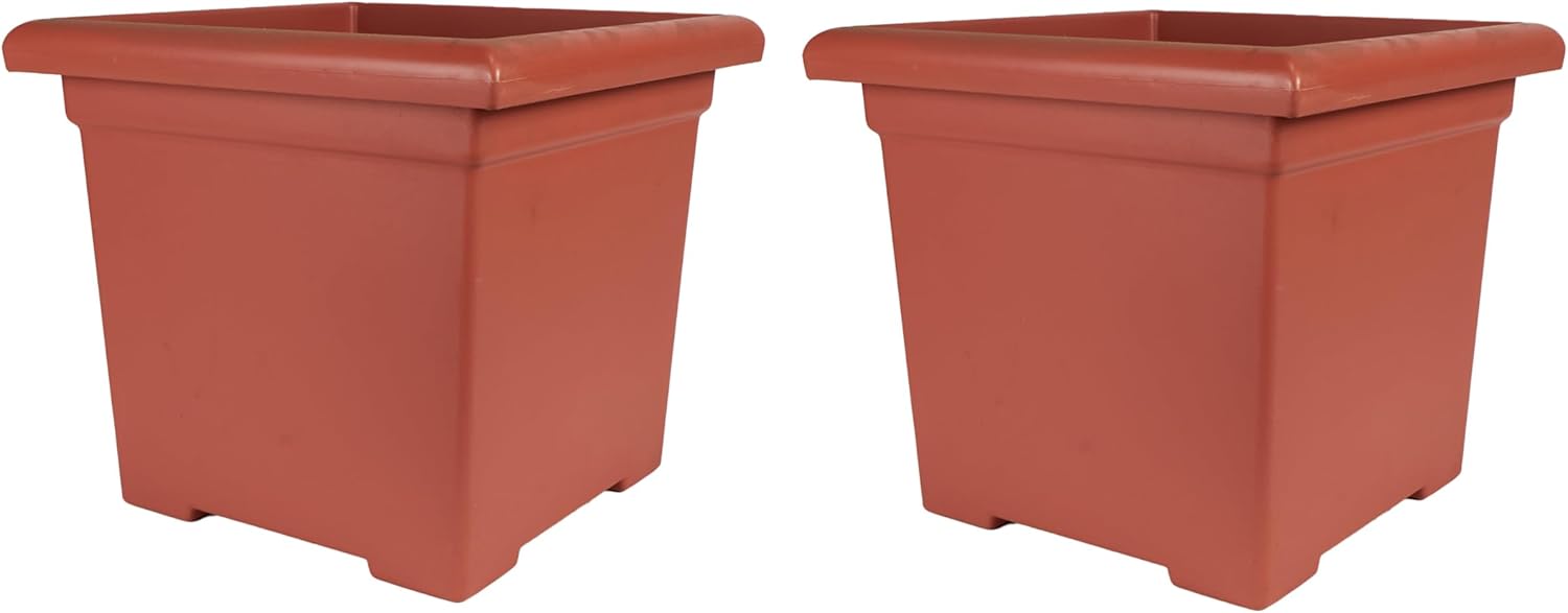 The HC Companies 15.5 Inch Accent Square Planter - Lightweight Decorative Outdoor Plant Pot with Drainage for Front Porch, Deck and Patio, Clay (Pack of 2) Clay 15.5" (Pack of 2)