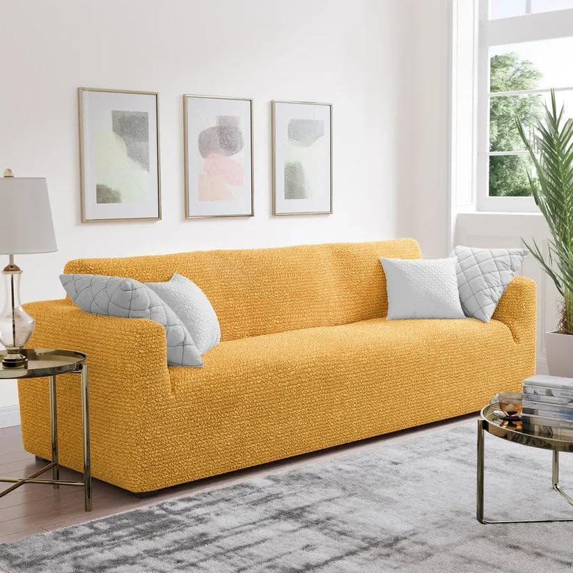 Image of Bellissima Sofa Covers - Premium Luxury Microfibra Plain Stretchable Sofa Cover Fully Covered Slipcover, Imported from Italy (OCHER, 3 Seater-US)
