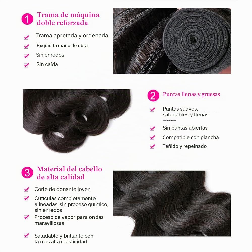Extensiones de Cabello Onda Corporal Pelo Natural Humano Brasileño 100% Remy Brazilian Human Hair Body Wave 3 Bundles Unprocessed Remy Virgin Cabello Rizado (20 22 24 inches)