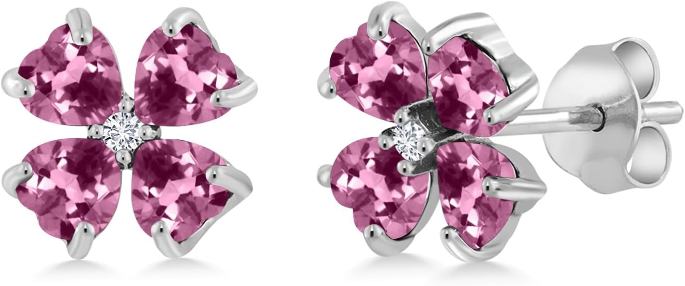 Gem Stone King 925 Sterling Silver Pink Tourmaline and White Lab Grown Diamond Earrings For Women | 1.87 Cttw | Gemstone October Birthstone | Heart Shape 4MM