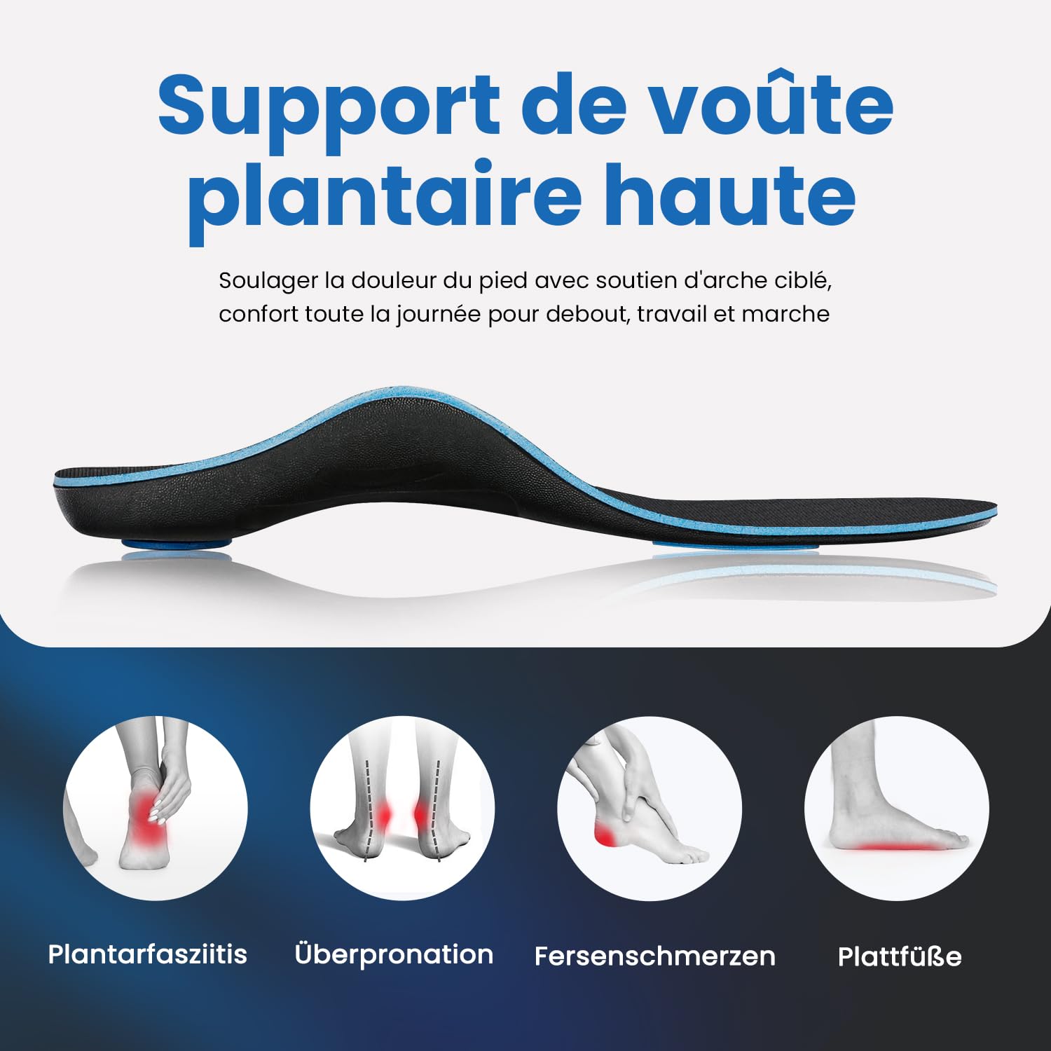 PCSsole Semelles Orthopédiques Gel High Arch Support, Semelles Confort Pour Pieds Plats, Fasciite Plantaire, Douleur aux Pieds, Pronation Excessive Pour Hommes et Femmes