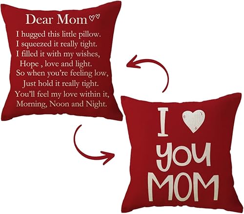 Funda de almohada reversible con texto en inglés "I Love You Mom" de 18 x 18 pulgadas, para el día de la madrecumpleaños, de hija e hijo (rojo)