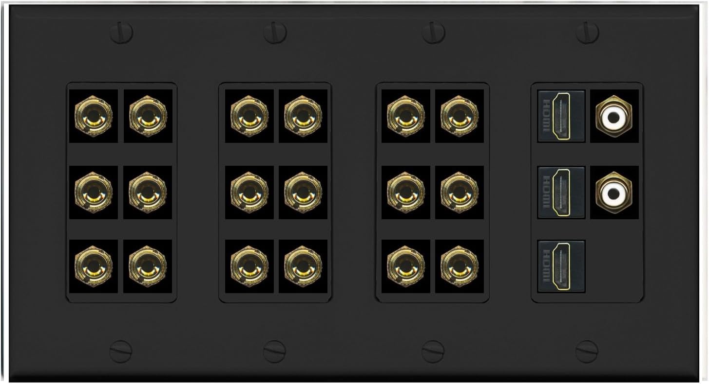 RiteAV 9.2 Surround Sound 9 Speaker 18 Banana Plug Jack Wall Plate w/ 2 RCA Subwoofer + 3 HDMI Female Connectors - 4 Gang [Black]