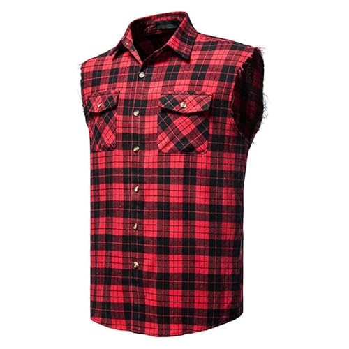 Cekaso Men's Sleeveless Shirts Button Down Cotton Shirt Casual Cowboy Vest Plaid Tank Tops, Red, Tagsizexl=Ussizexl #TOP1