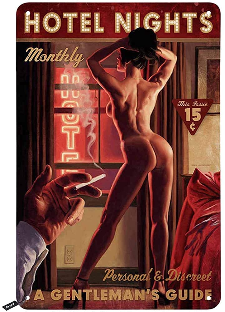 Vintage Metal Tin Signs Hotel Nights,Sexy Naked Girl with Smoking Man Iron Painting Plaque Wall Decor Bar Pub Man Cave Novelty Retro Posters Cafe 8x12 Inch