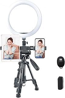 JKXWX cell phone holder Phone Stand 10in Selfie Ring Light With Tripod Stand 2 Phone Holders,Dimmable LED Beauty Makeup Live Stream Video Cell Phone Holder Black Phone Stand