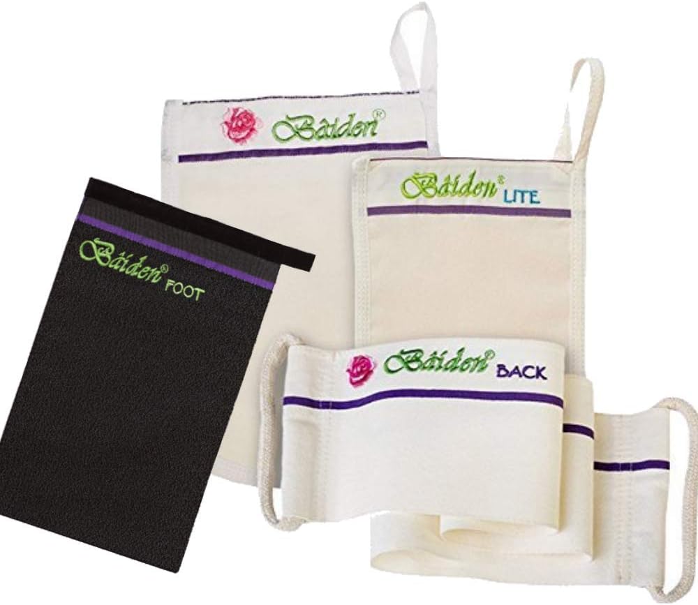 Turkish Hammam Set: Baiden System (Face, Body, Back) + Feet Mitten. 3 Peeling Mitts & Back Scrubber. Kessa Exfoliating Glove Dead Skin Remover, Bath or Shower for Smooth Glowing Bright Complexion