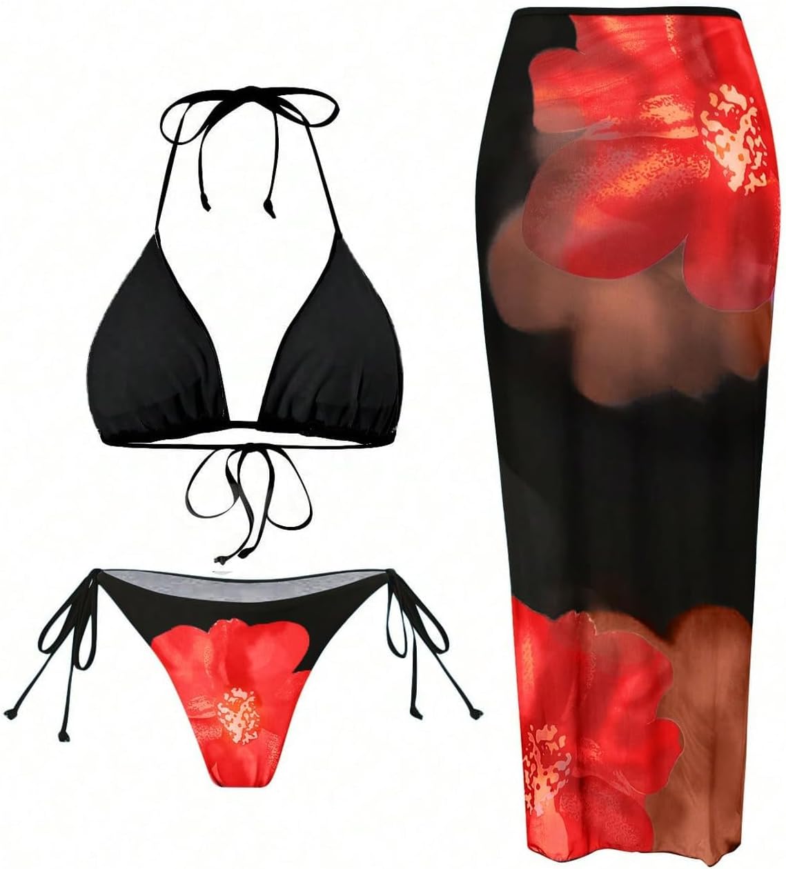 Verdusa Women's 3 Piece Swimsuits Floral Print Bikini Sets with Beach Cover Up Skirt - Image 4