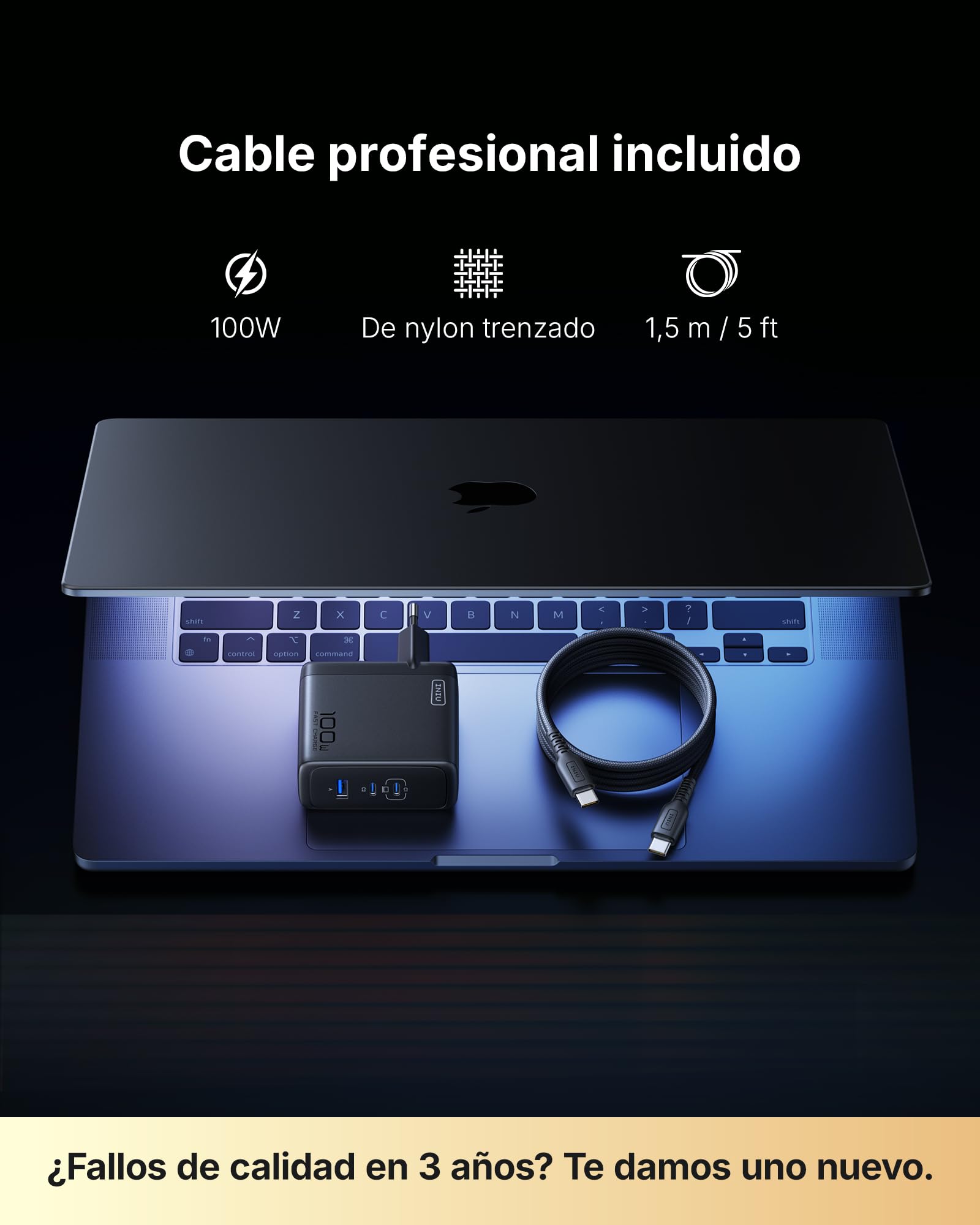INIU Cargador USB C GaN 100W, 3-Puertos Cargador Rápido Compacto con Cable USB C de 100W 1.5m, Cargador de Viaje para Portátil MacBook Pro Air 14, iPhone 17 16 Pro Max iPad Samsung S26 S25 Ultra Pixel