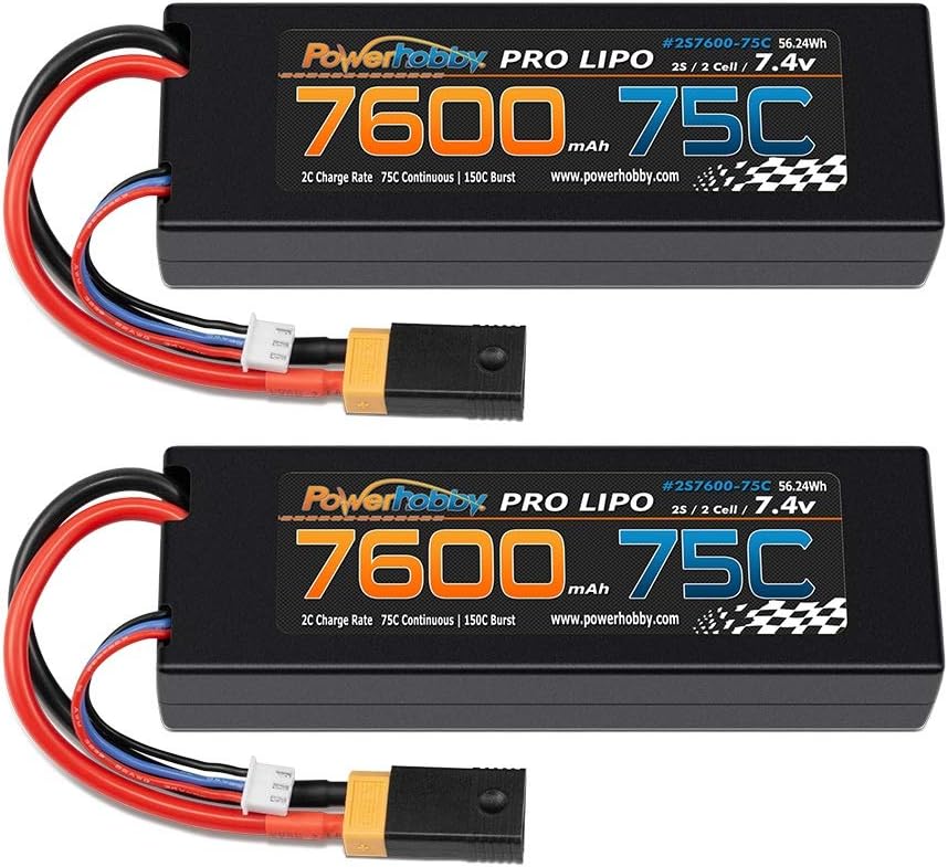 Powerhobby 2s 7.4v 7600mah 75c Lipo Battery w XT60 Plug + Adapter (2) Compatible with : Slash 4x4 4WD 2WD Stampede Rustler E-Revo E-Maxx Spartan M41 X-Maxx Brushless VXL