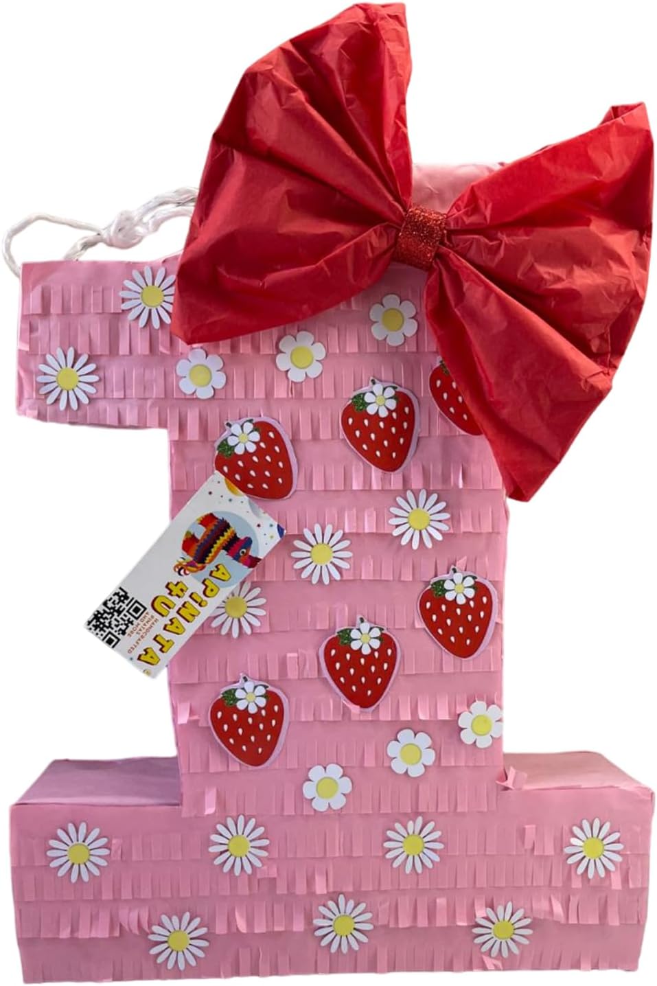 APINATA4U Number One Strawberry Pinata, Pink Color with Red Bow and Flowers, First Birthday Decor, Strawberry Shortcake Party Decor, Cute Fruit Themed Pinata, 20x16x4 Inches