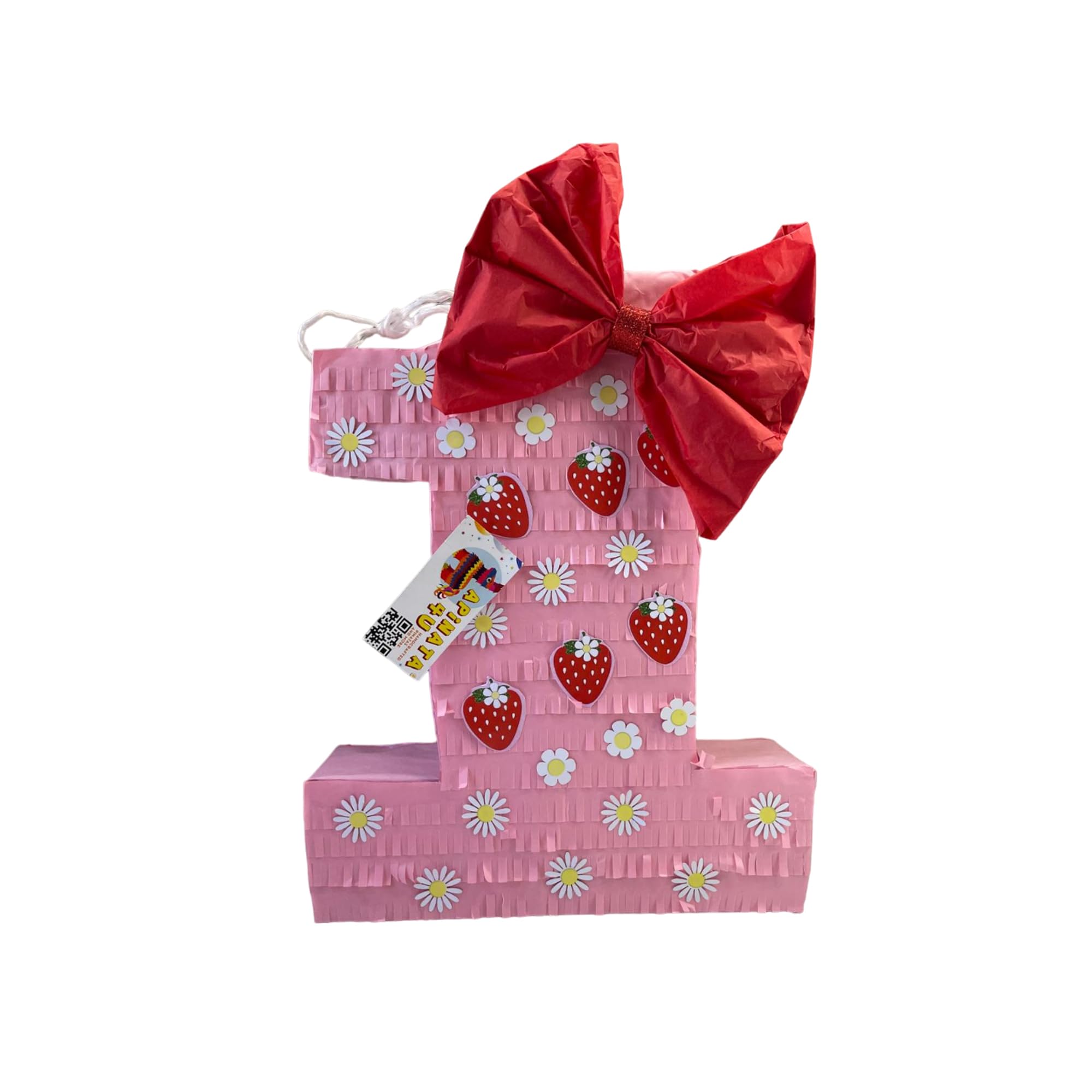 APINATA4U Number One Strawberry Pinata, Pink Color with Red Bow and Flowers, First Birthday Decor, Strawberry Shortcake Party Decor, Cute Fruit Themed