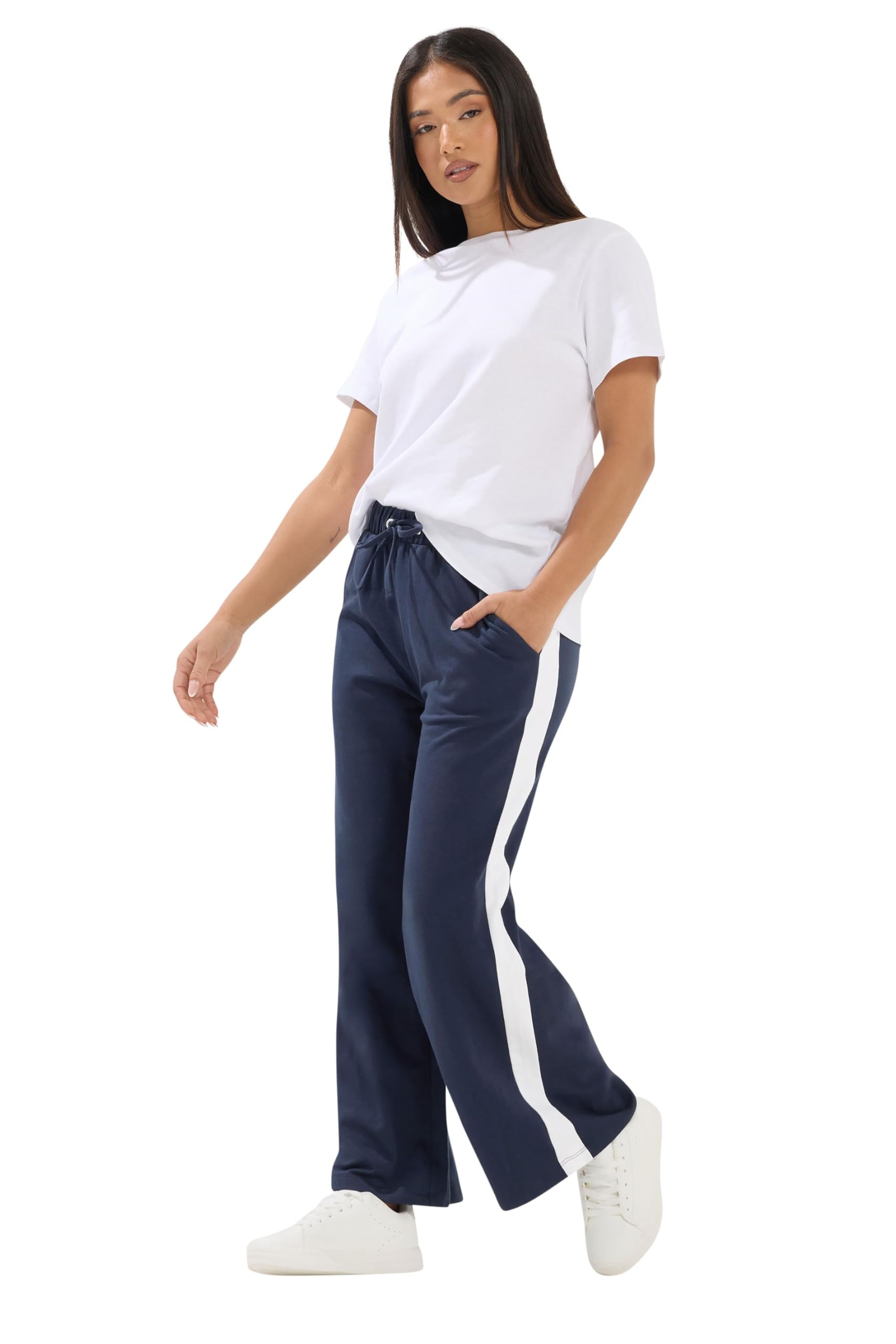 M&Co Women's Mid Navy Side Stripe Cotton Wide Leg Joggers In | Size: 16L