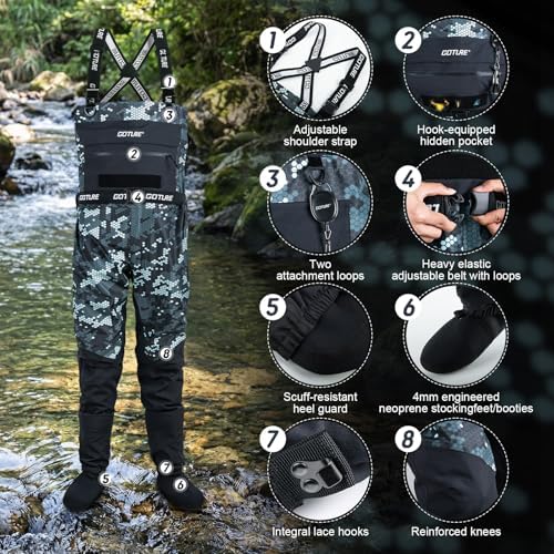Goture 5 Layer Nylon Waterproof Breathable Chest Waders for Men, Camo, XL - 2