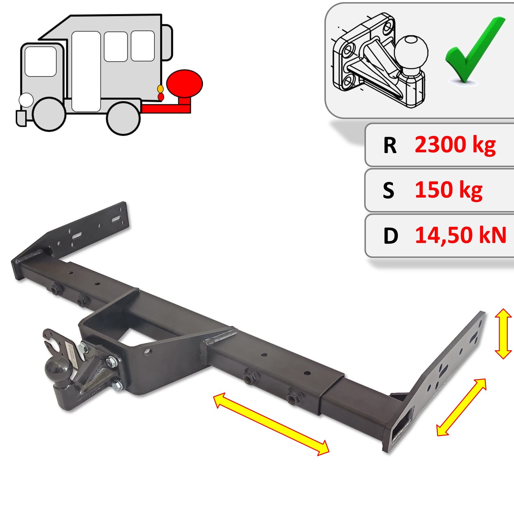 Attelage de remorque universel variable - pour campeur, camping-car, caravane, tombereau, un camione, voiture de livraison (avec kit électrique 7 broches)