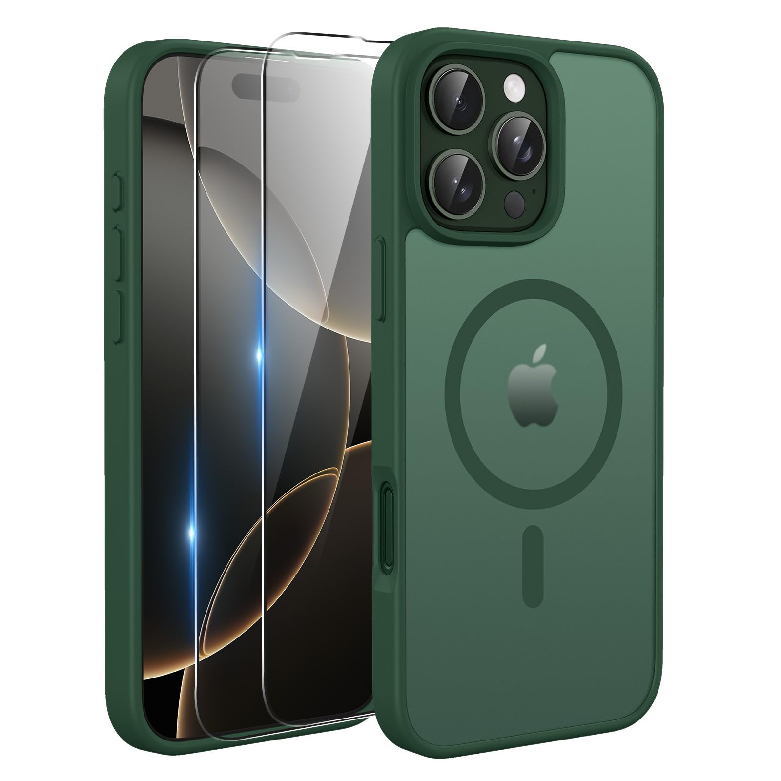 TQIAHF Cover Custodia Magnetica per iPhone 16 PRO Max, Verde | 2 Pellicola Vetro Temperato Protezione Schermo Compatibile con Magsafe Militare Antiurto Sottile Opaca Telefono Case