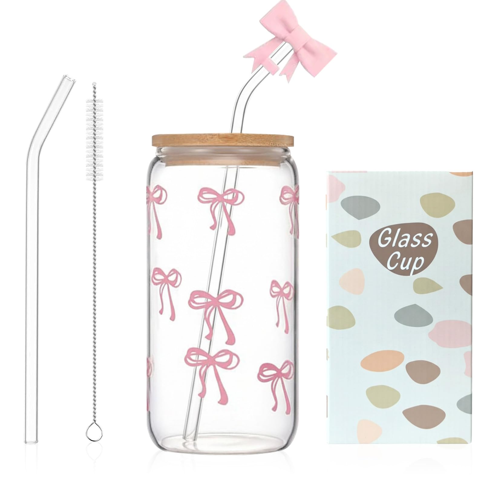 QFWFG Bow Glass Cups with Bow Straw Topper Lids and Straws - 500ml Leak-Proof Cute Iced Coffee Matcha Tumbler, Elegant Reusable Glass Cup for Milk, Bubble Tea, Cocktail & Smoothie