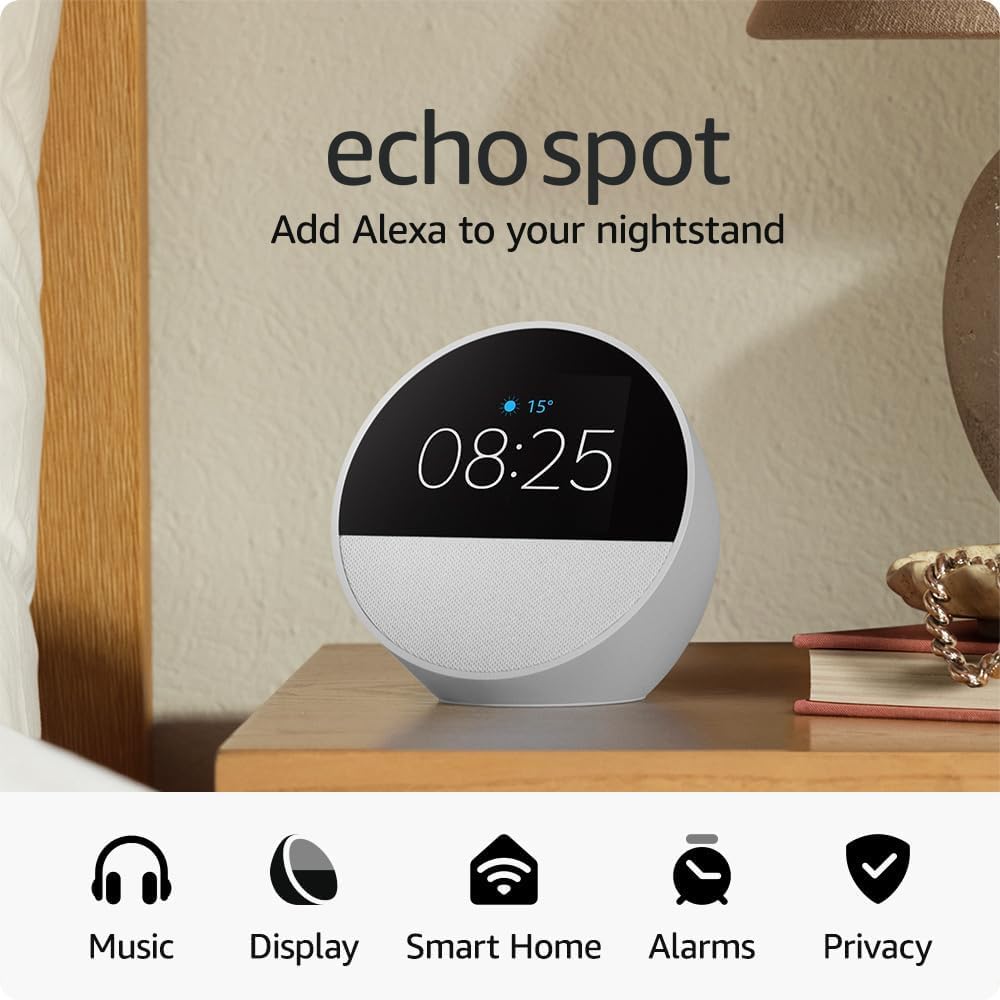 Amazon Echo Spot (2024 release) | Smart alarm clock with vibrant sound + Alexa, Glacier White - Glacier White