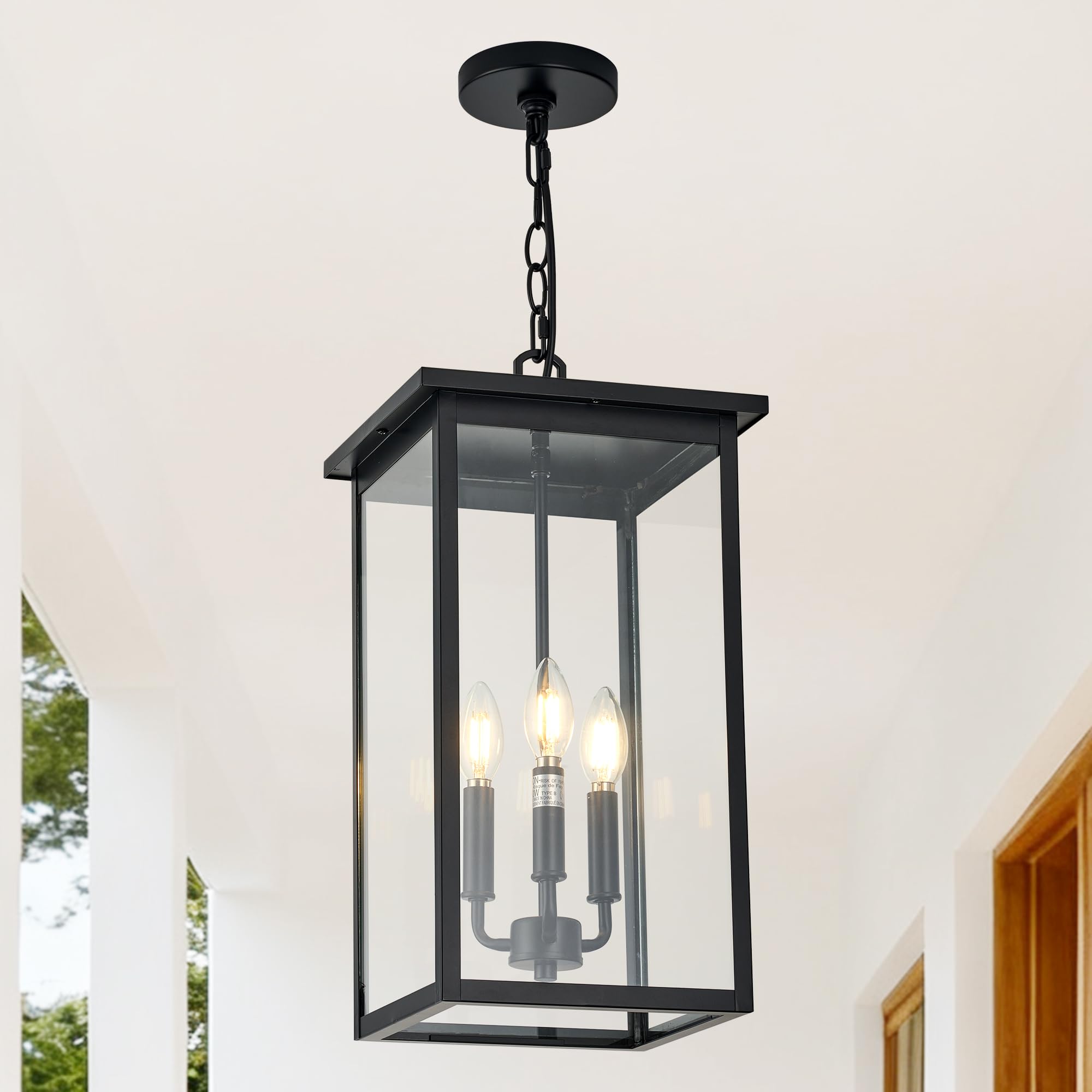 Photo 1 of Large Outdoor Chandeliers, Black 3-Lights Outdoor Ceiling Hanging Lanterns with Clear Glass, Exterior Gazebo Light for Patio,Porch,Yard,Gara