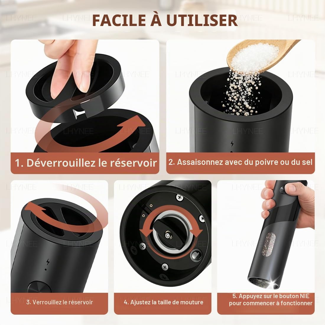 Moulin à Sel et Poivre Électrique avec Station de Charge–Contenant 110 ml,Recharge USB, 5 Niveaux de Mouture Réglables,Mécanisme de Broyage en Céramique,Incl.Brosse de Nettoyage et Éclairage LED.