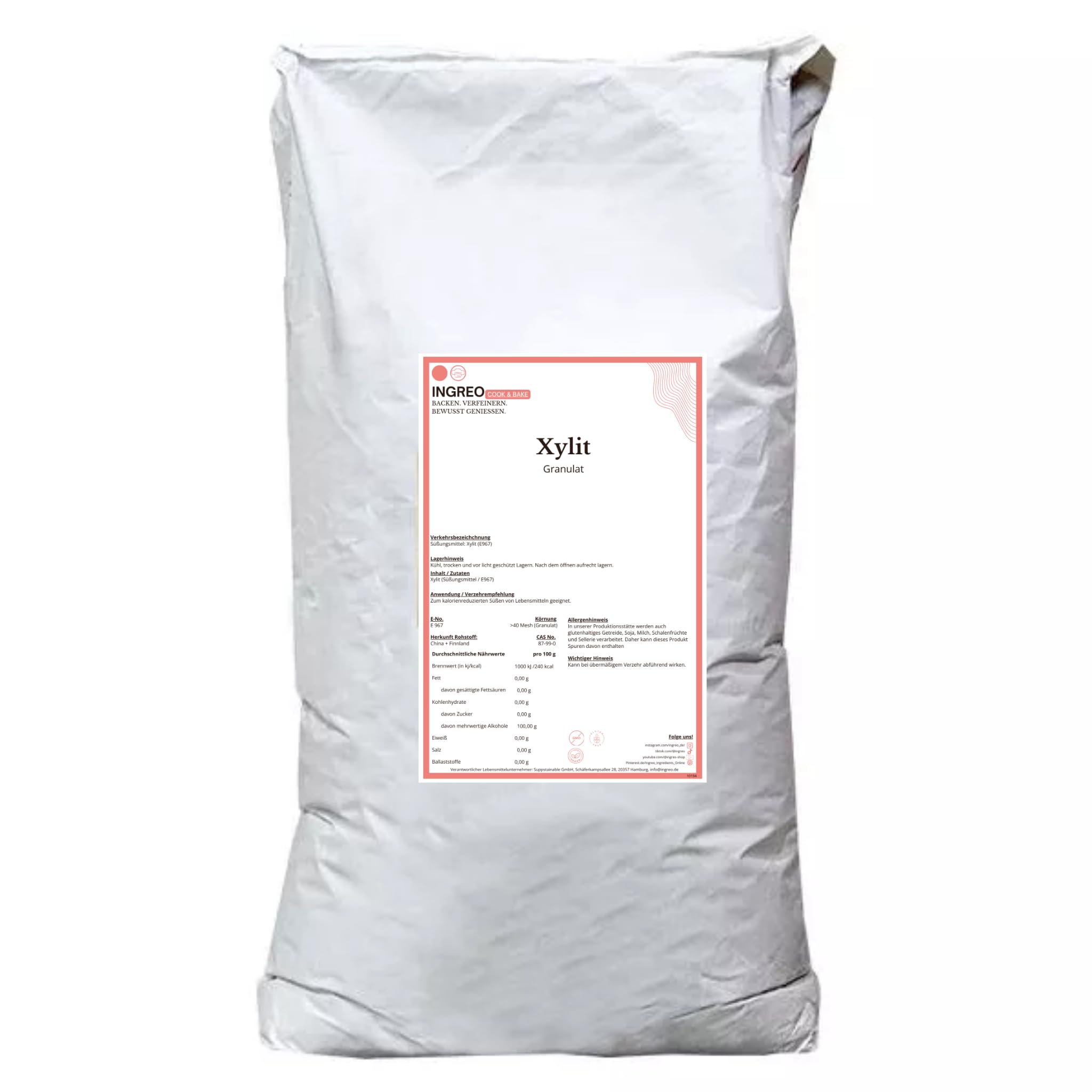Xylit Granulat (Birkenzucker) 100 % reiner Zuckerersatz ohne Zusätze Zahnfreundlich kalorienreduziert Low-Carb-geeignet Abgefüllt in Hamburg xylit birkenzucker zucker (25kg Herstellergebinde)