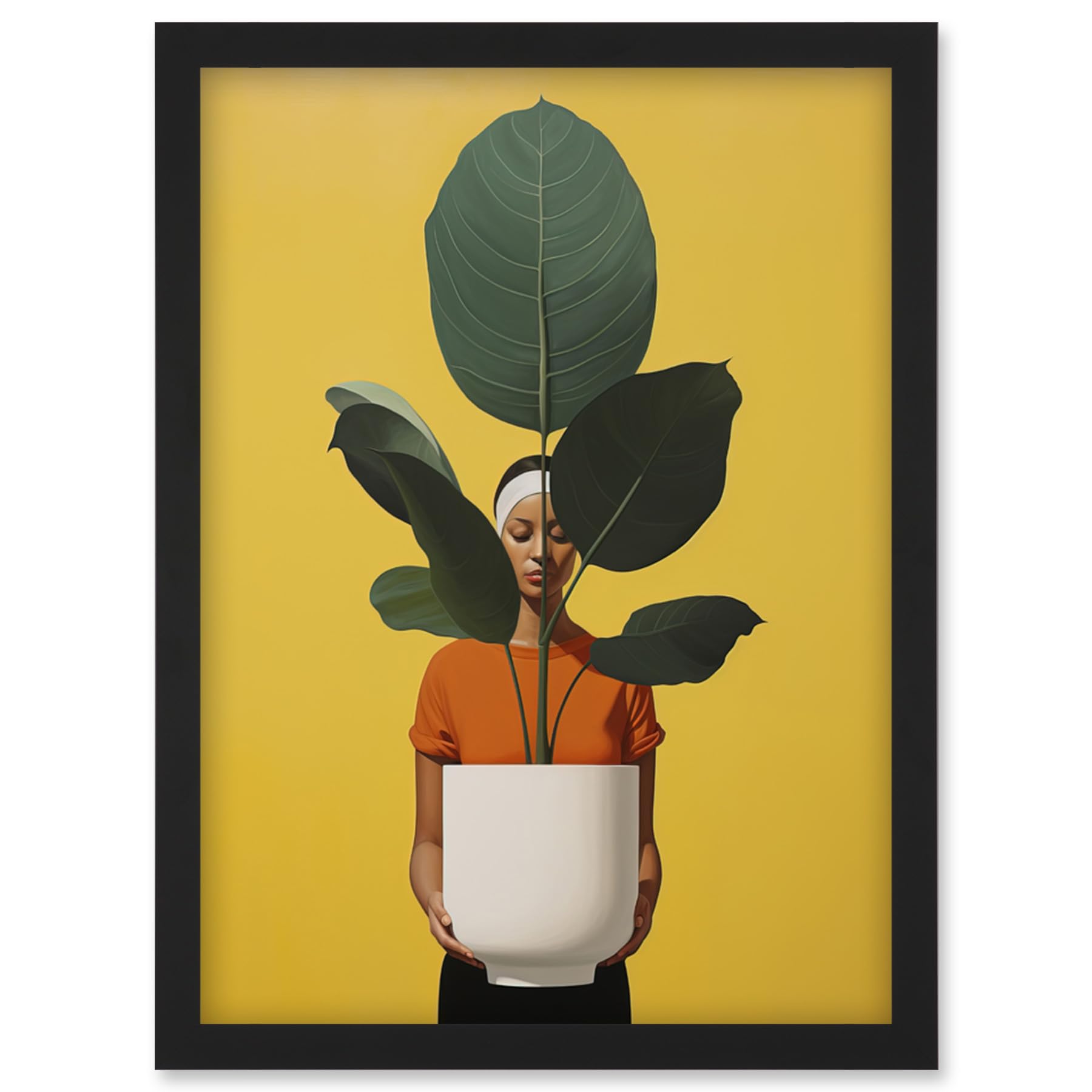 Artery8 Rubber Tree Showcase Realistic Oil Painting Yellow Orange Green Woman with Plant Pot Minimalist Artwork Framed Wall Art Print A4
