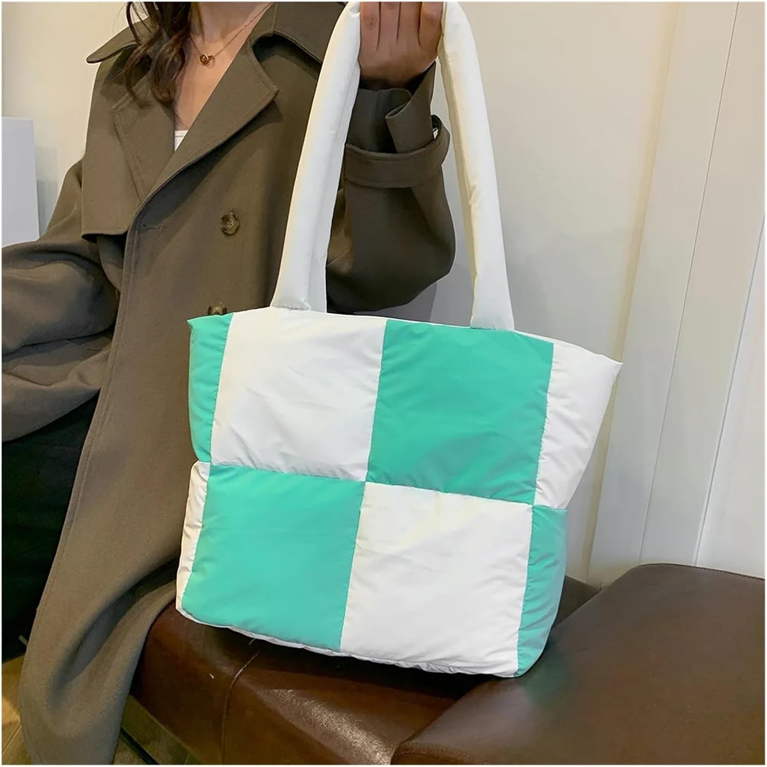 Puffer Tote Bag For Women Large Quilted Puffy Handbag Lightweight Shoulder Bag Cotton Padded for Work Travel Gym(Green)
