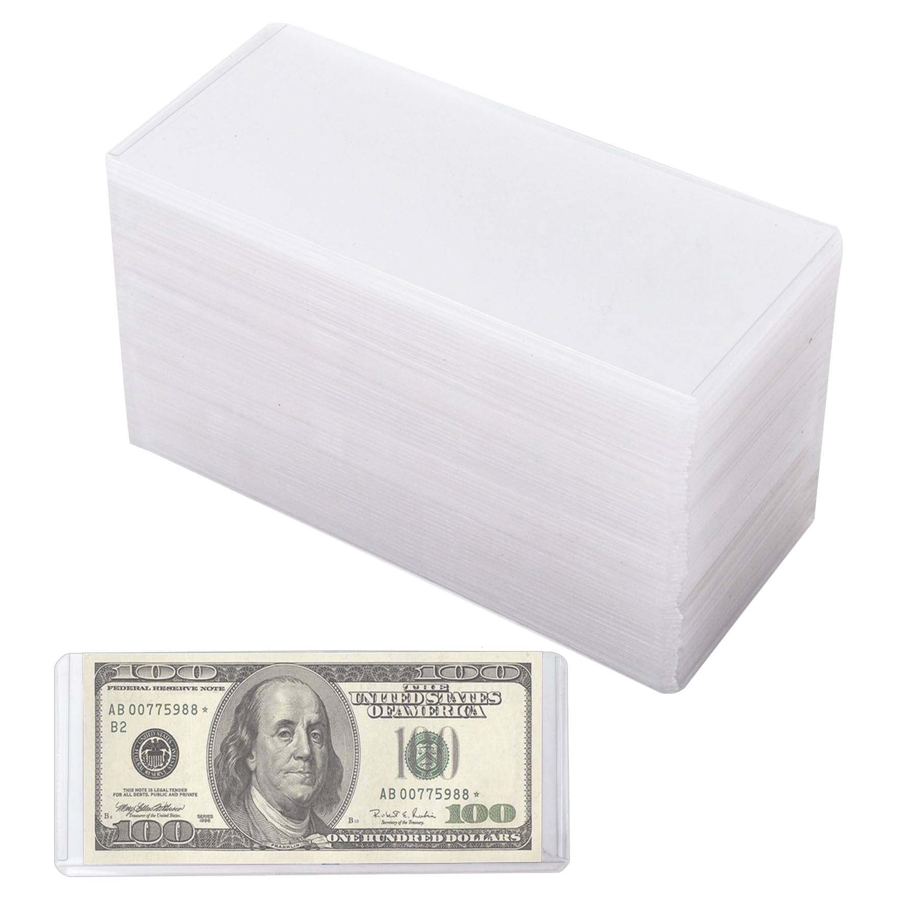 Klmnop 60 Pcs Hard Plastic Money Holder, 6.8 x 2.9 Inch Clear Paper Money Holder Currency Topload Holders, PVC Dollar Banknotes Sleeves, Waterproof