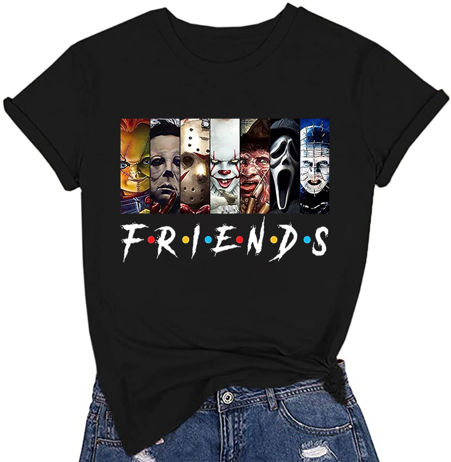 RFBIQILove is All I Need Halloween Squad Shirt Women Novelty Horror Movies T-Shirt Halloween Scary Graphic Short Sleeve Top