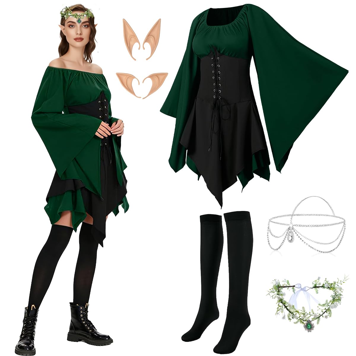 LGZIN Vestido Tradicional Irlandés para Mujer, Vestido Medieval para Mujer con Orejas de Elfo, Adorno de Pelo, Calcetines Overknee, Disfraz de Elfo Renacentista para Halloween y Carnaval