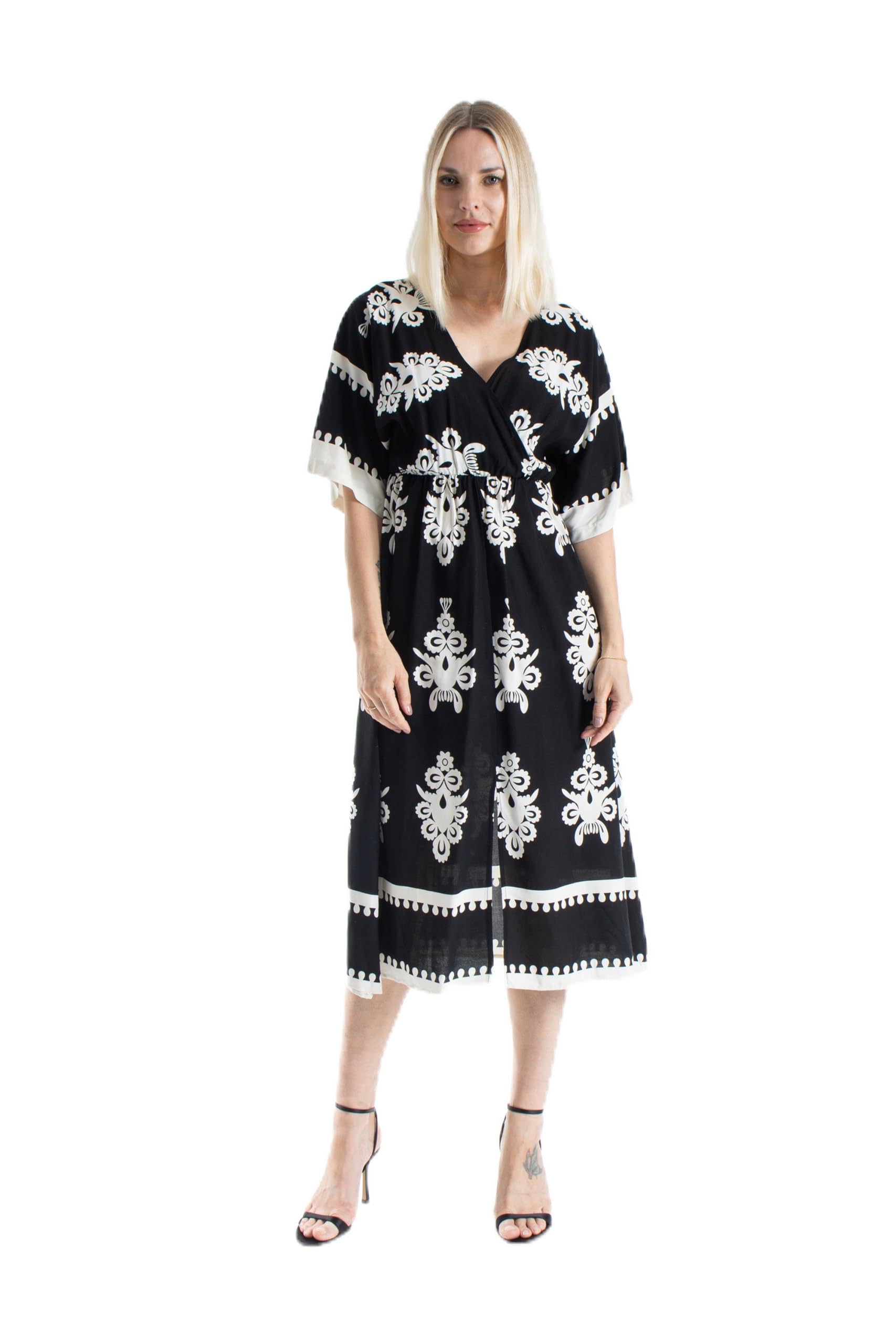 Belissh Womens Viscose Printed Ornamental Floral Midi Dress in Black | Size: XL
