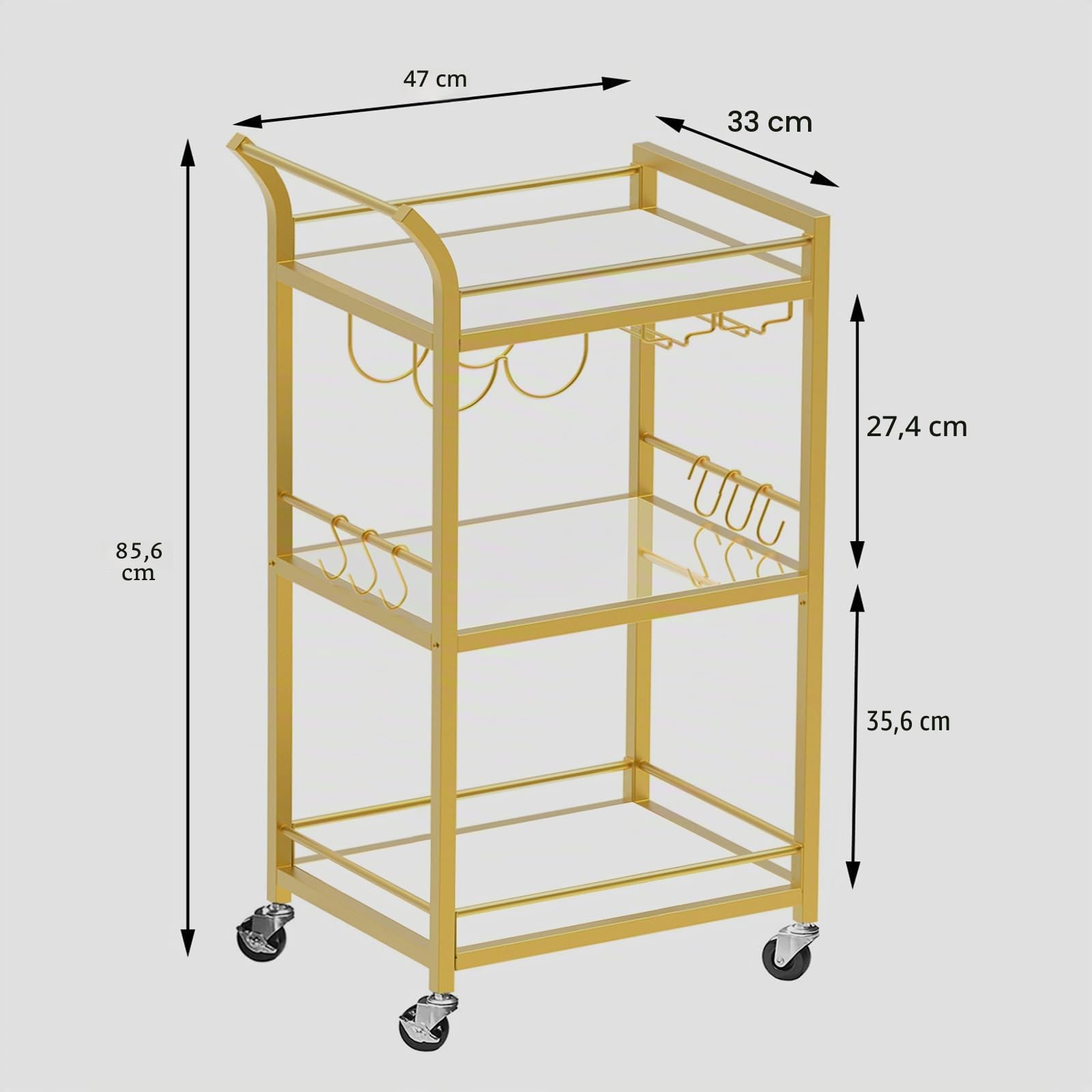 TUTOTAK Barwagen Home Bar Servierwagen mit Mikrowelle und Getränkehalterungen 3-Ebenen-Glaspfandleger Weinhalter Rollendes Küchenregal Gold BC01BB034