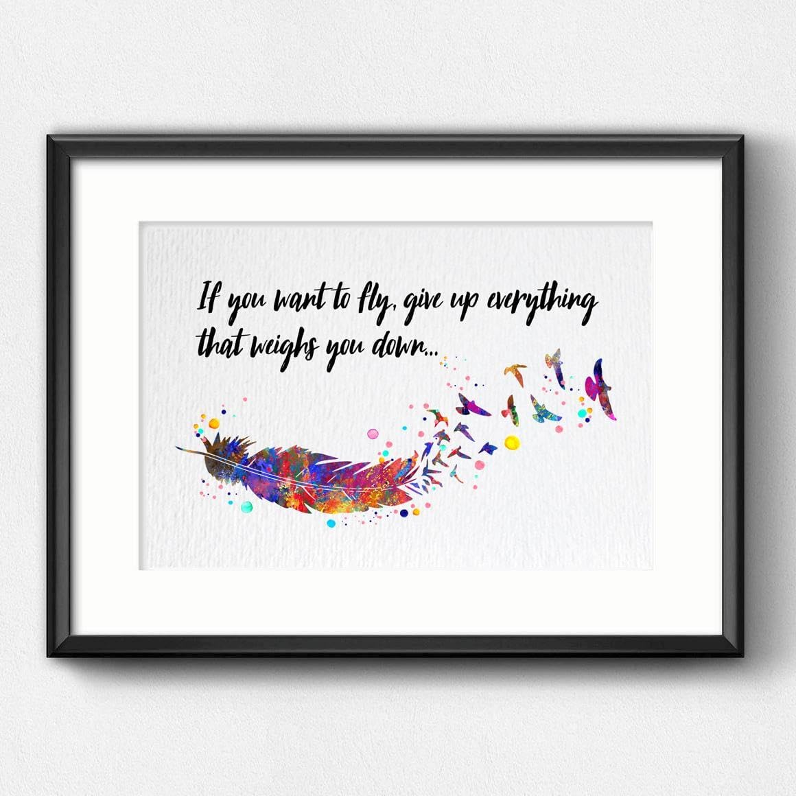 Dignovel Studios 11X14 Unframed Feather Bird Watercolor Art Print Poster If You Want to Fly Inspirational Quote Life Wisdom Wall Hanging DN987