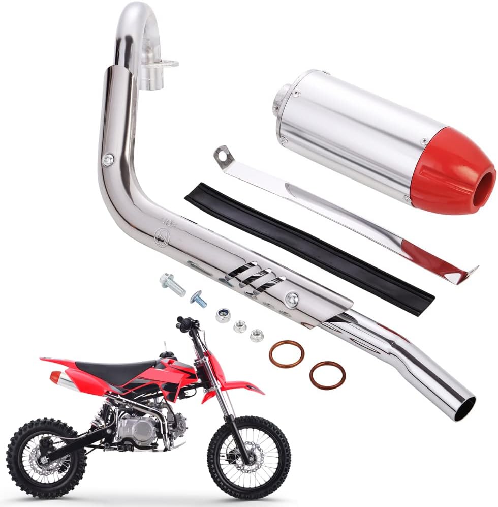 28mm High Performance Exhaust Muffler Silencer Pipe Assembly kit 90cc 110cc 125cc Dirt Pit Bike CRF50 SSR Baja Coolster Piranha Pister Pro Taotao 125cc TTR Taotao DB10 DB14 BMS pro 70 Red+Silver
