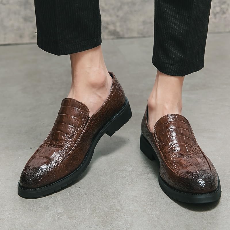 Dress Shoes for Men Slip On Round Burnished Toe Crocodile Print Apron Toe Block Heel Anti-Slip Rubber Sole Low Top Non Slip Outdoor(Brown,9)2