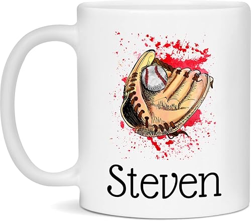 Taza de béisbol personalizada con nombre personalizado, ilustración de acuarela para Steven, taza Steven, taza de 11 onzas