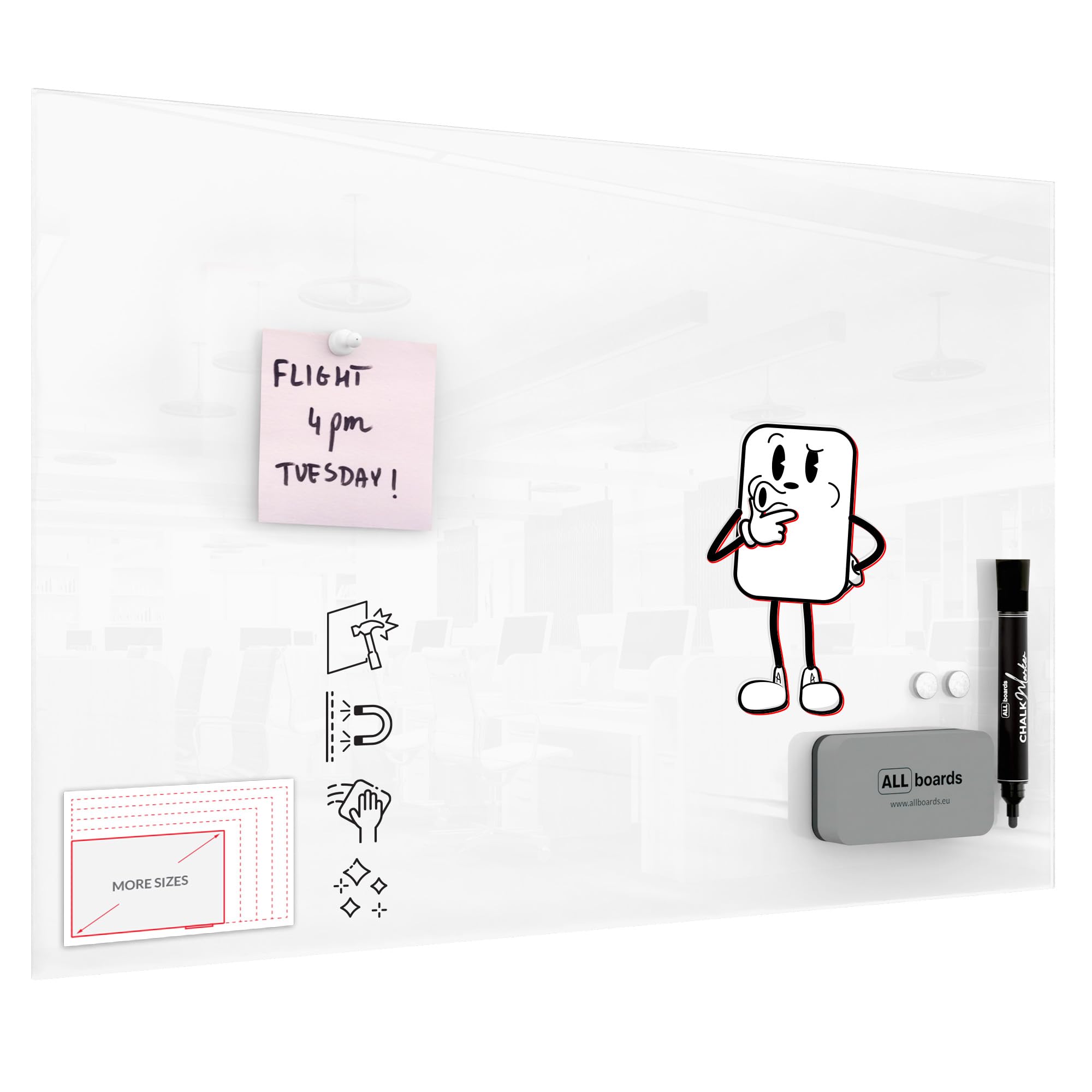 ALLboards Magnetic Super White Glass Board 60x40cm, Frameless, Glass Magnetic Whiteboard, Tempered Glass Writing Board