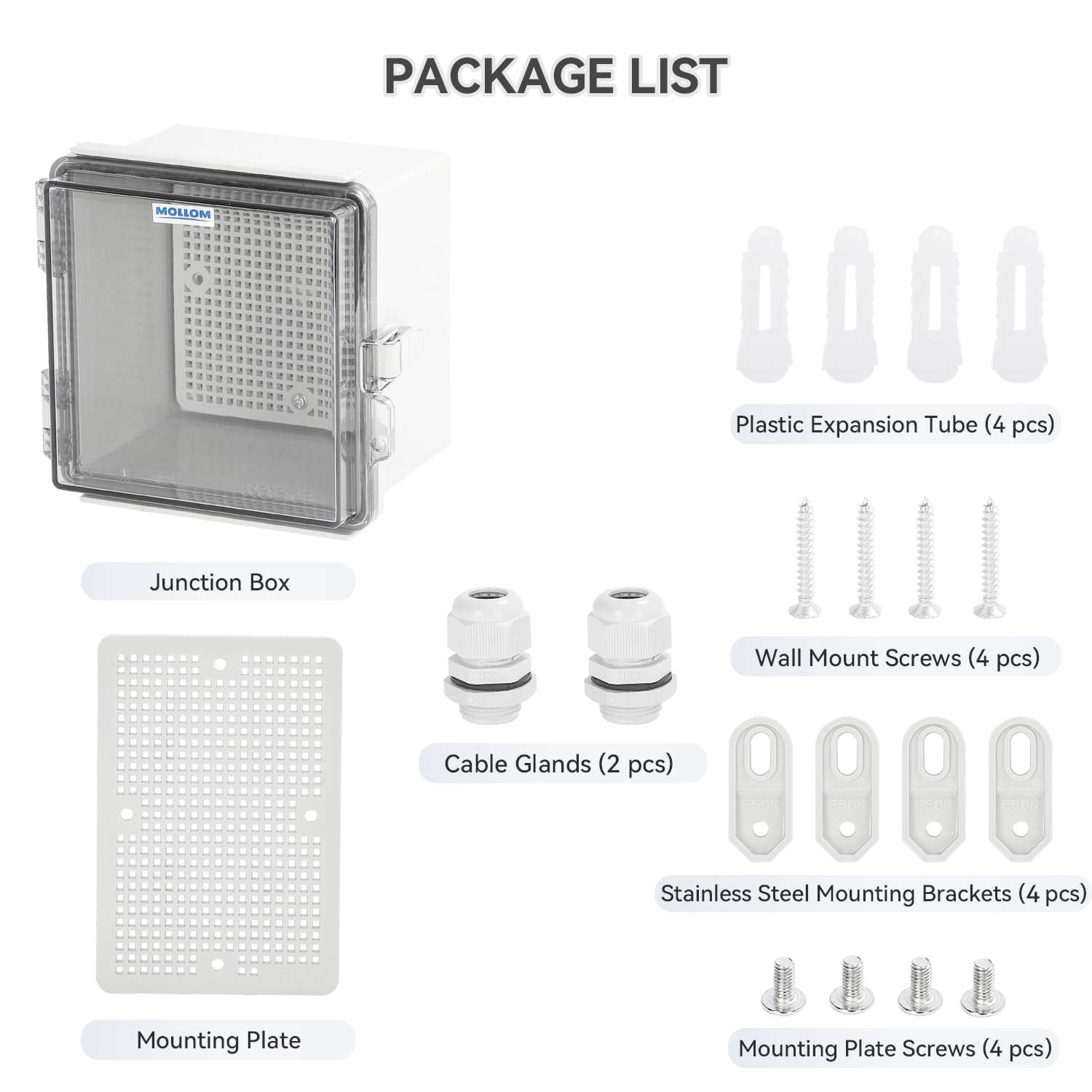 Mollom Outdoor Junction Box for Electrical Project Waterproof IP67 with Hinged Transparent Cover, Stainless Steel Latch, Mounting Plate, and Wall Brackets(150x150x120mm | 5.9x5.9x4.7In)