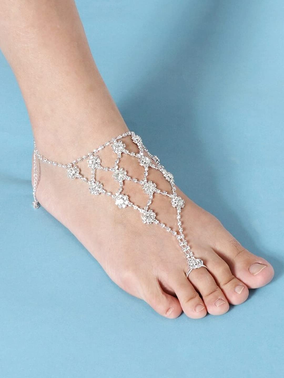 Crystal Anklet with Toe Ring Beach Foot Jewelry