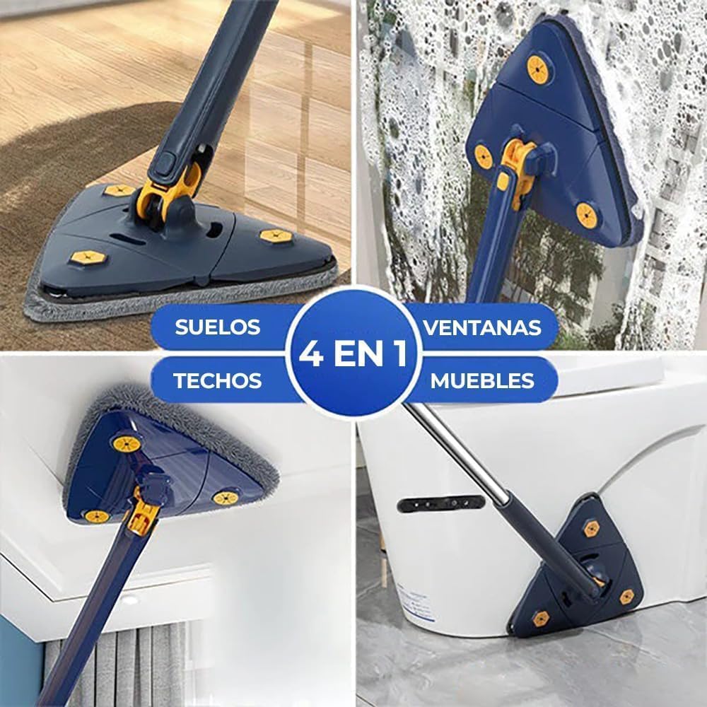 Mopa Triangular Giratoria 360 para Limpiar Suelos, Ventanas, Paredes, Techos y Muebles. Fregona Triangular Giratoria Microfibra, Función Autoescurrible, Incluye 2 Recambios