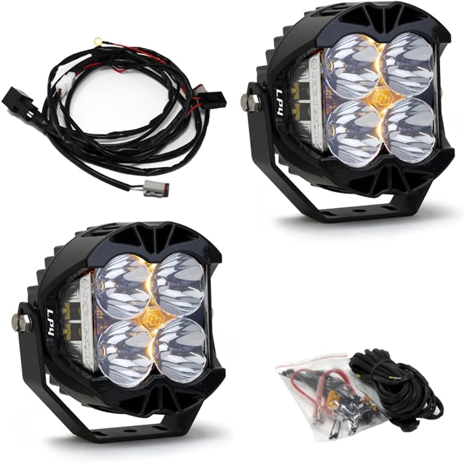 Baja Designs LP4 Pro LED Auxiliary Light Pod Pair with Harness and Backlight - Universal Off-Road Lights for Trucks, Wranglers, UTVs & 4x4s - Driving/Combo Beam, Clear Lens (Red Backlight)