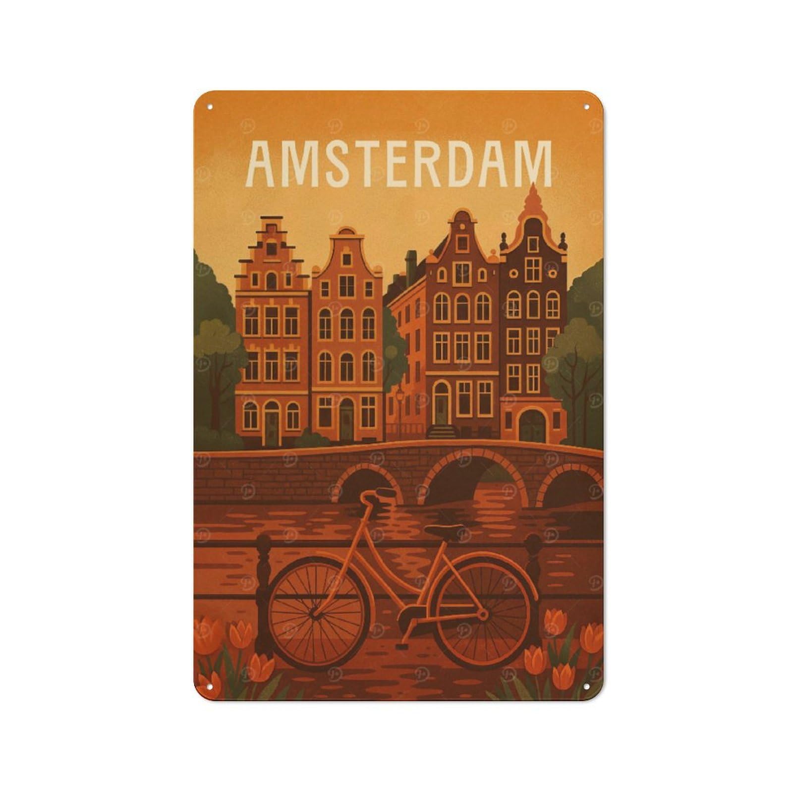 Junmoney Style-8 Bistro Style Amsterdam Travel Poster – Canals, Bikes & Tulips Tin Wall Sign 30X20cm, Shop Wall Decor For Takeaway, Bar, Kitchen Or Counter Area