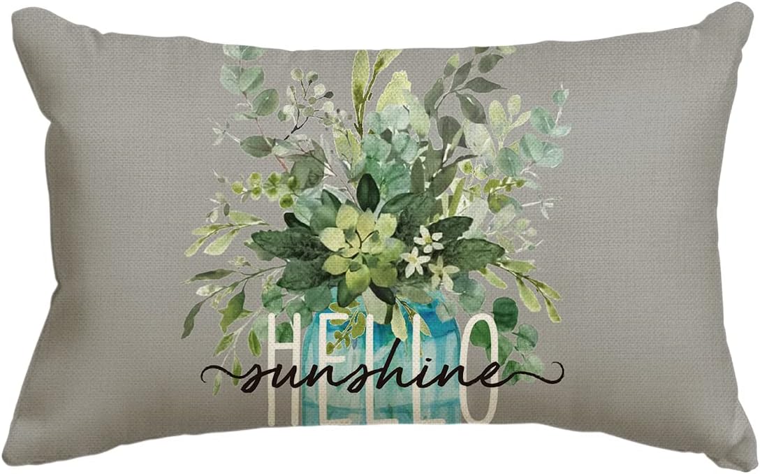 AVOIN colorlife Hello Sunshine Eucalyptus Spring Gray Throw Pillow Cover, 12 x 20 Inch Spring Summer Flower Cushion Case for Sofa Couch