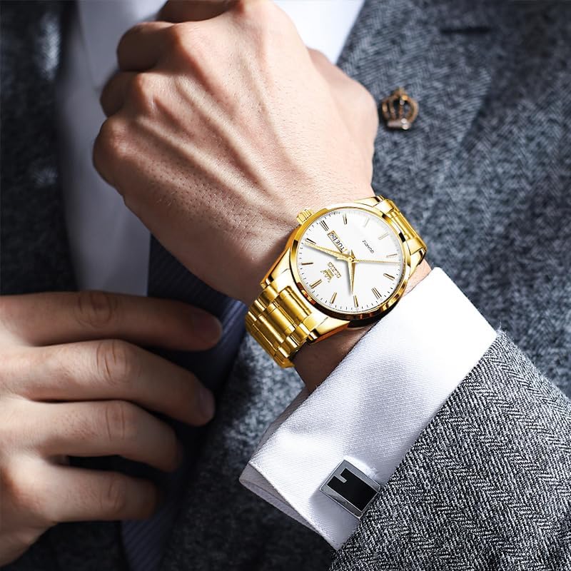OLEVS Mens Gold Watches Waterproof Stainless Steel Lightweight Watch with Date Classic Luxury Dress Watch for Men Gold White Blue Green Dial - Image 3