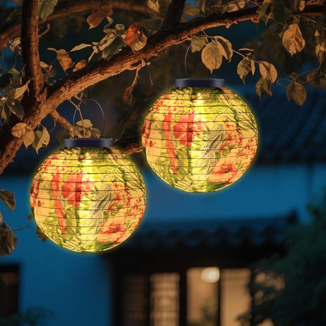 Wrqioo Green 2Pcs Solar Lights Outdoor Garden Lantern, 10In Hanging Solar Lanterns Outdoor Garden, Waterproof Painted Chinese Lan-Tern Sol-Ar Lights, Nylon Cloth S-Olar Gar-Den Lights Hanging For Patio Yard