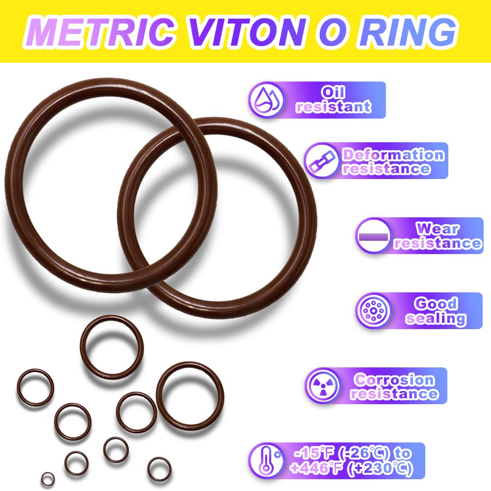KEZE Set di 386 pezzi metrico fluorocarbonio O Diversificazione Kit 75A Durometro 30 misure Viton O-ring Set di 4 plettri e ganci per motori idraulici industriali idraulici sanitari