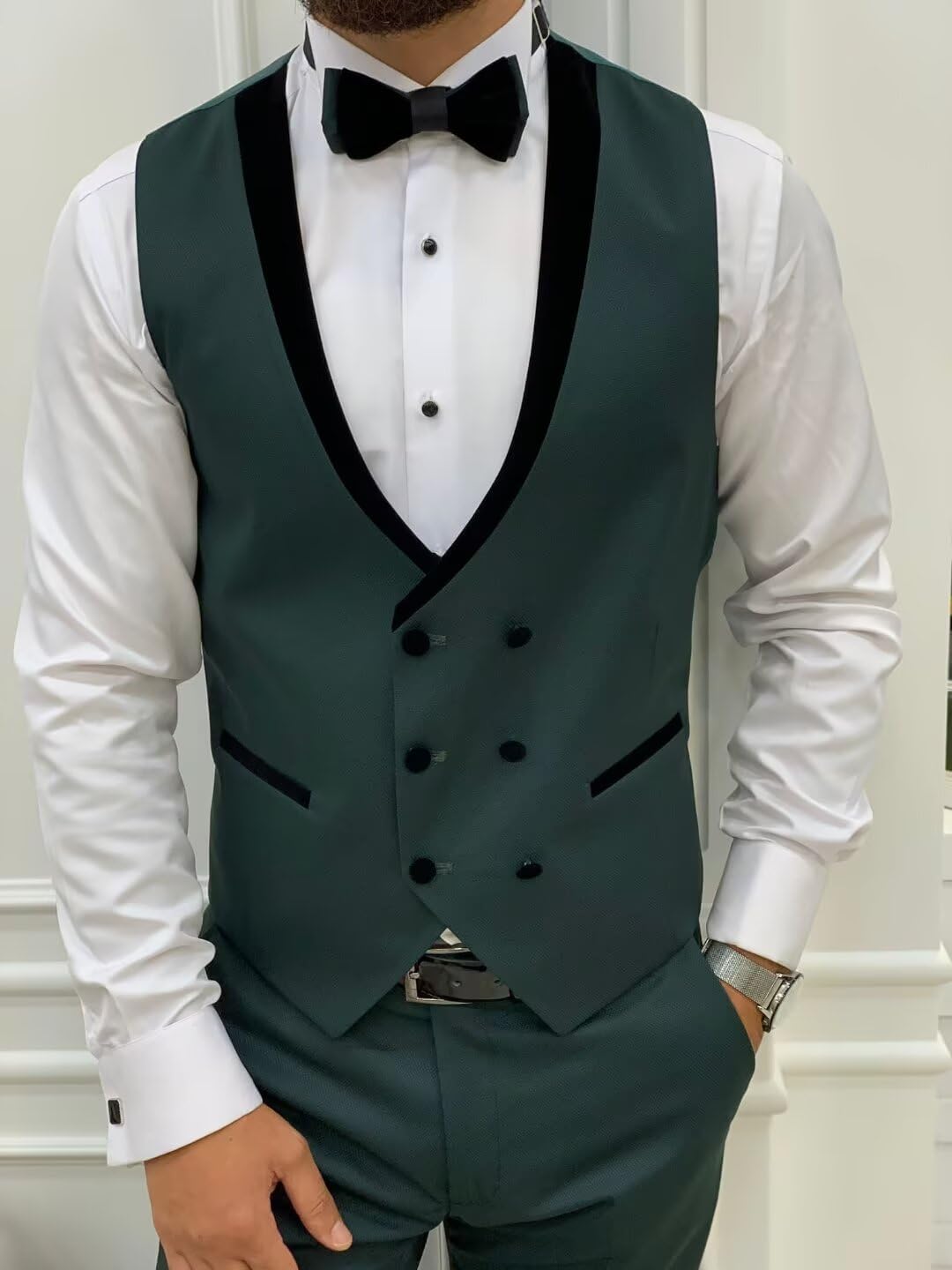 Mens 3 Piece Slim Fit Tuxedo Double Breasted Vest Men Elegant Formal Prom Wedding Suit with Bow Tie