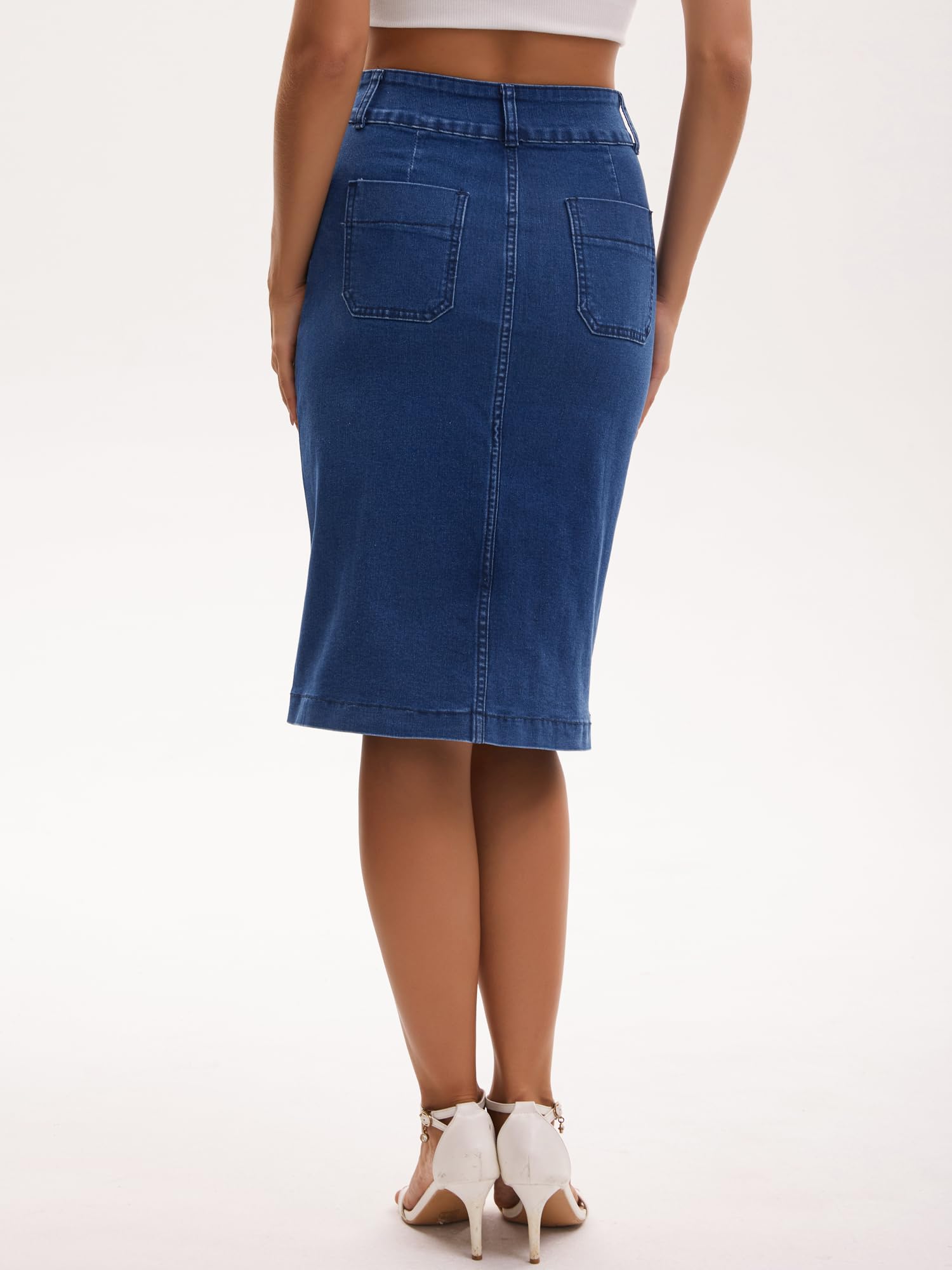 Femme Jupe en Jean Denim Extensible Longueur sous Le Genou | Taille Haute 2 Poches devant Style Décontracté Été Confort et Ajustement Flexible Port Toute la Journée