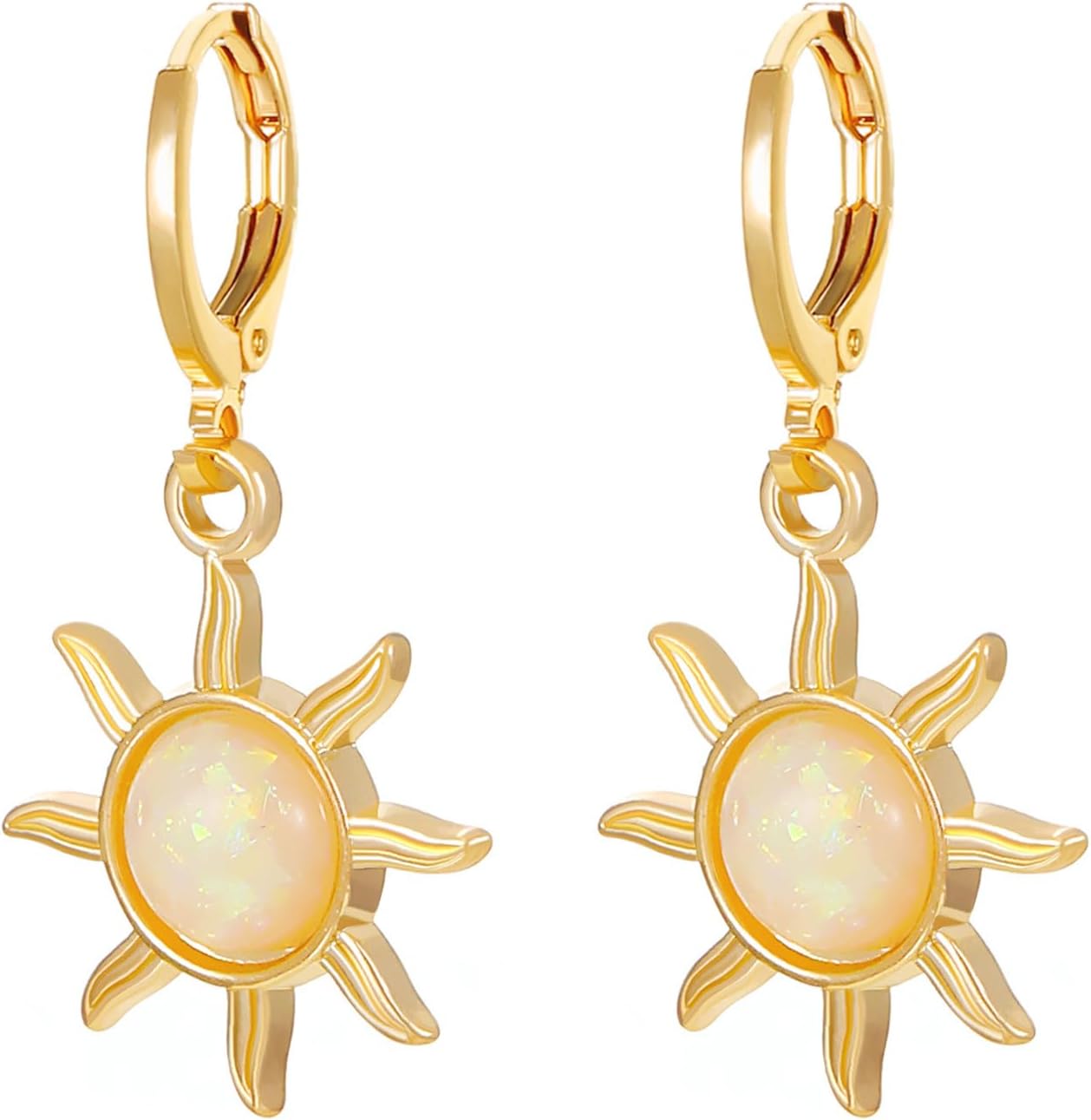 Opal Sun Hoop Earrings Gold Silver Plated Vintage Unique Sunflower Flower Sunburst Celestial Lightweight Dangle Drop Earrings for Women Boho Style Birthday Party Vacation Fashion Jewelry Gifts